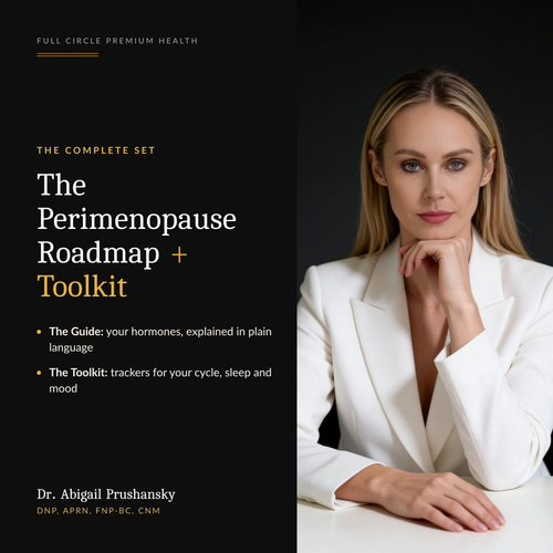 The Perimenopause Roadmap + Toolkit, the complete set by Dr. Abigail Prushansky, DNP, APRN, FNP-BC, CNM: a plain-language guide to perimenopause plus trackers for your cycle, sleep and mood